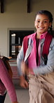 Kids, running and girl in backpack for school, education and learning with development and excited. Smart, happy and students with energy, ready or hurry to class for knowledge, growth and lesson