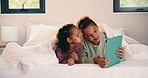 Tablet, siblings and bedroom with selfie for bonding, relax or digital memory at home. Happy, sister and kid with funny expression for weekend holiday, photography or online connection together