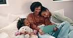 Bed, tablet and mother with daughter for bonding, watching movie or relaxing in home. Happy family, mom and children on holiday or weekend with digital app for connection, scroll or playing games