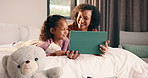 Bedroom, tablet and mom with child for bonding, watching movie or relaxing in home. Happy woman, family or mother with daughter on digital app for connection, humor and streaming service on weekend