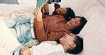 Bonding, family and laugh with tablet on bed for comedy movie, watching film or weekend break. Bedroom, happy mom or girl children with tech in home for funny series, app subscription or relationship