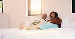 Phone, bedroom and happy couple with online search, planning or subscription in home. Talking, bonding and man and woman with mobile app or website for holiday choice, weekend or vacation ideas