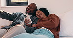 Relax, sofa and couple with phone and credit card for online shopping or dream purchase in home. Excited, man and woman with bank transaction, loan or e commerce app for apartment furniture 