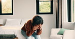 Bedroom, stress and woman with anxiety, worry or mental health for mortgage or loan in home. Sad, thinking and person with depression, burnout or emotional crisis for bad news or fear of bankruptcy