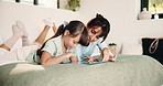 Mom, kid and tablet with game on bed for problem solving, development support and weekend break. Family, happy mother or child with tech in home for playing online puzzle, digital literacy or bonding