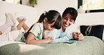 Mom, child and tablet with laugh on bed for quiz answer, online game or interactive support. Relax, happy mother and kid with tech in home for digital puzzle, problem solving pride or family bonding