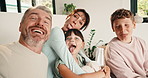 Selfie, silly and face with family in home for social media post, memory and bonding. Love, mobile photography and picture pov with parents and children in house for connection, funny and care