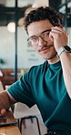 Design, face and glasses with man in office for about us, confidence or creative career. Business, eyewear and smile of designer in artistic workplace for ambition, development or job satisfaction