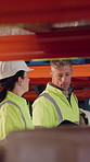 Tablet, discussion and logistics employees in warehouse with inventory, stock or delivery approval. Technology, conversation and supply chain managers with online customer clearance for shipping.