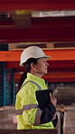 Supervisor, walking and woman with tablet in warehouse for supply chain, inventory and storage depot. Factory, shelves and mature person with tech for logistics, delivery inspection and distribution