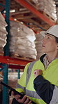 Woman, talk and tablet in warehouse with logistics management, stock inspection or quality assurance. Mature person, supervisor or team with tech, supply chain or check inventory for shipping update.