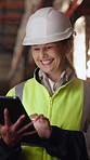 Woman, scroll and logistics in warehouse with tablet, smile and good news for shipping distribution. Flare, mature person and typing in depot with tech, supply chain and happy for dispatch email.
