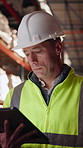 Logistics, man or warehouse inventory on tablet for stock accuracy, cycle count or quality control. Shipping manager, mature person and walking with tech for supply chain update, inspection and flare
