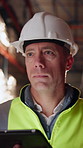 Logistics, man or warehouse inspection on tech to manage inventory, verify shipment or export. Quality control inspector, mature person or tablet for WMS, update delivery log or compliance with flare