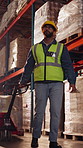 Logistics, walking and man with trolley in warehouse, package export and storage for cargo delivery. Below, transport and worker with inventory for shipment distribution, pallet jack and supply chain