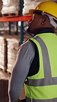 Logistics, walk or black man with pallet jack in warehouse, stock export or storage for cargo delivery. Inspection, transport or worker with package for shipment distribution, trolley or supply chain