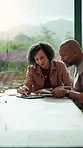 Couple, paperwork and financial planning with tablet in home, conversation and mortgage calculation. Happy, mature African people and checking debt with tech in house, discussion and reading info