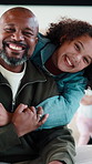 Happy, hug and face of father with child in home for bonding, love and connection together. Smile, care and portrait of dad embracing girl kid in living room for safety, family or support in house.