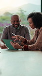 Happy, couple and research on tablet in house, financial report and mortgage eligibility on website. Mature African people, reading and planning for dream home purchase, online and talk with tech