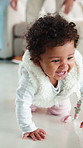 Parent, baby or happy for learning to crawl in home for motor skills, growth or independent mobility. Family, movement or excited kid on floor with balance, explore or physical milestone for progress