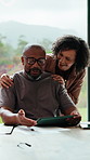 Couple, documents and financial planning with tablet in home, conversation and mortgage calculation. Happy, mature African people and checking debt with tech in house, discussion and reading info