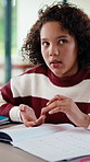 Homework, thinking and child writing with math answer for activity sheet, education and learning. Counting, school and girl with book for assignment, studying and lesson for knowledge development