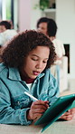 Child, scroll and elearning with tablet in home, growth and skill development with assignment on web. Online education, kid and girl with tech for knowledge, research and digital activity in house
