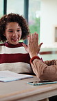 Homework, high five and mom with child in home for online lesson, elearning and help with quiz. Family, student and girl with mother for education, studying success and good answer for knowledge