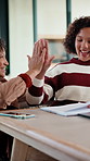 Homework, high five and mom with girl in home for online lesson, elearning and help with quiz. Family, happy and child with mother for education, studying success and good answer for test or activity