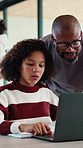 Dad, help and child with laptop for online education, growth and academic development with research. Family home, mature man and elearning with daughter, African people and assistance with homework