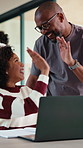 Dad, high five and child with laptop for online education, growth and happy for academic development. Family home, mature man and elearning with daughter, African people and celebration for success