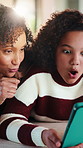 Tablet, win and mother with child in home for educational game together with bonding on weekend. Surprise, digital technology and mom with girl kid for online gaming in living room at apartment.