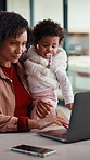 Remote work, laptop and mom with baby in home for research, online project and copywriting. Family, wfh and woman with child on computer for multitasking with proofreading, blog writer and editing