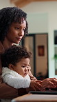 Remote work, typing and mom with baby on laptop for copywriting, online project and bonding. Family, wfh and woman kiss infant on computer for multitasking with article, blog writer and editing