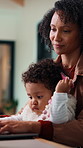 Remote work, love and mom with baby on laptop for research, online project and copywriting. Family, wfh and woman bonding with child on computer for multitasking with article, blog writer and editing