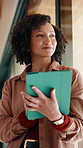 Tablet, thinking and woman in home with research for budget planning, finance or savings. Digital technology, ideas and female person with online blog on financial investment in living room at house.