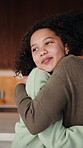 Love, mother or happy child with hug in home for bonding together, healthy relationship or security. African family, woman and kid embrace in apartment for connection, support or affection on weekend