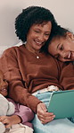 Mom, children and laugh with tablet on sofa for bonding, streaming and funny video in lounge. People, mother and kids with tech, movies or film subscription on application with love at family house