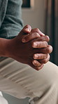 Thinking, stress and hands of man in home with regret, mistake or bad news with finance crisis. Mental health, upset and person with anxiety for nostalgia, fail or doubt for unemployment in house.