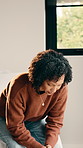 Sad, thinking and woman with stress in bedroom for emotional distress, midlife crisis and anxiety. Mental health, african person and overthinking in home for unresolved regret, reflection and worry