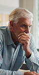 Stress, thinking and senior man in home with eye strain, regret or mental health crisis in retirement. Reflection, elderly and person with depression, anxiety and worry with difficult decision