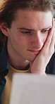 Document, debt and man in home with stress for financial crisis, bankruptcy or rent increase. Paperwork, expenses and person at house with tax cost, bad credit or reading information for bills