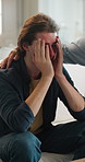 Sad, man and comfort in home with stress for unemployment, bad news and financial mistake. Support, debt crisis and person at house with investment loss, anxiety or bills with family for empathy