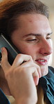 Smile, man and phone call in home, contact and communication with connection for advice. Mobile, conversation and happy person in living room for story, news or update for weekend plans on sofa