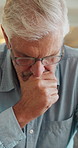 Sad, elderly man and thinking in retirement home with grief, stress and memory on a couch. Remember, lounge and unhappy senior patient in living room with Alzheimer diagnosis and worry for future