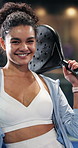 Happy, padel and face of woman on court ready for training, exercise and practice for tournament. Sports, athlete and portrait of confident person with racket for tennis game, challenge and fitness