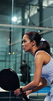 Woman, ball and padel sports for game, endurance and practice for competition in tennis court. Person, athlete or player on turf and swing or hit racket for contest, technique or cardio training