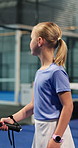 Padel, girl and child on court with class, development and learning skills for tournament practice. Young kid, workout and sports at tennis club with equipment, exercise and training for competition.