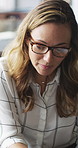 Optometry, meeting or businesswoman in office with glasses, optical or eyewear lenses for vision. Healthcare, smile or employee with frames, eye wellness or prescription choice with project briefing.