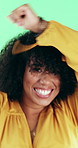 Dancing, happy and face of woman in studio for winning, good news or achievement with energy. Excited, rhythm and portrait of female person with groove to music for job promotion by green background.